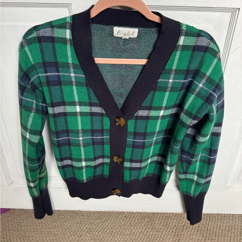 Marled Emerald and Navy Plaid Cardigan